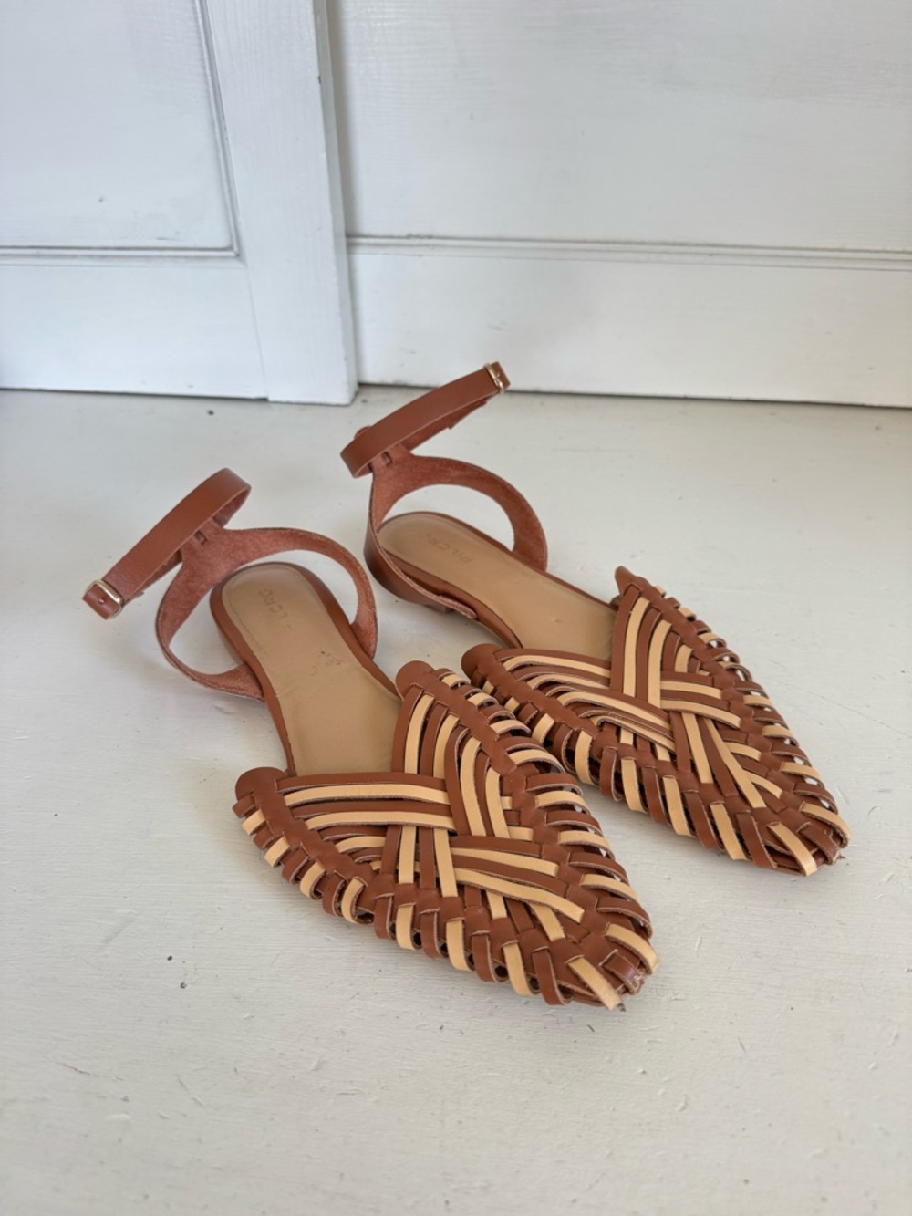 Anthropologie Pilcro tan woven ankle strap flat mules size 8